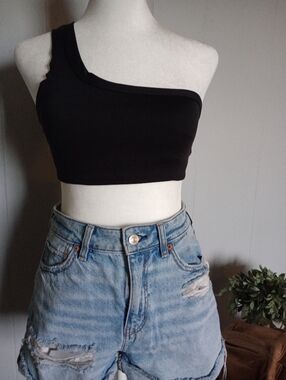 Black One-Shoulder Crop Top / Sports Bra - Size Small